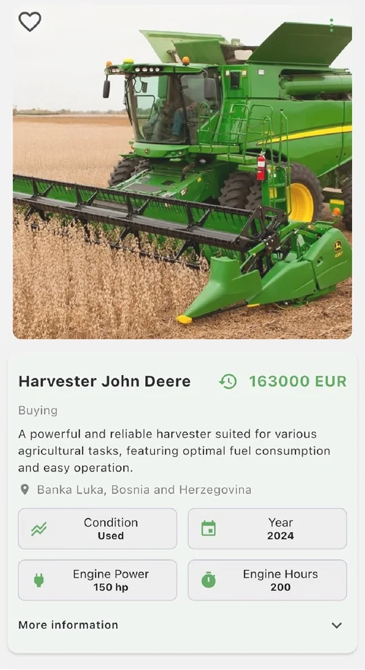 Agrocore listing of a used combine harvester with price, location and specifications