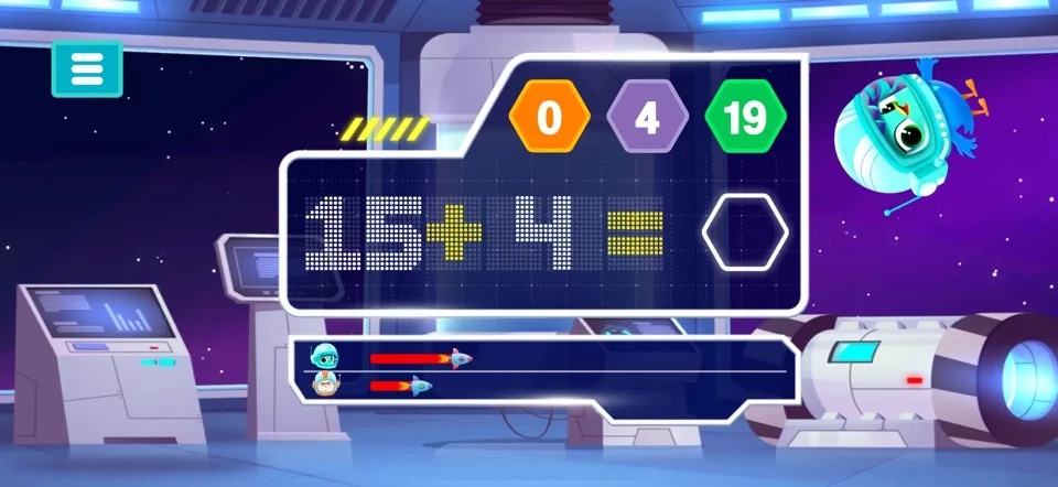 Eureka space race mini-game with the sum 15 plus 4