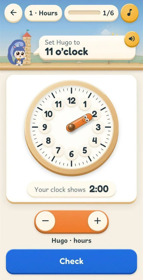 Pip lesson where the child sets the hour hand to 11 o'clock