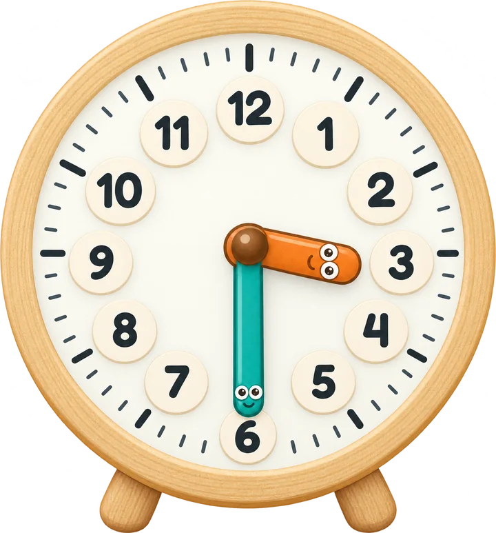 Wooden toy clock with an orange hour hand and a teal minute hand showing 3:30