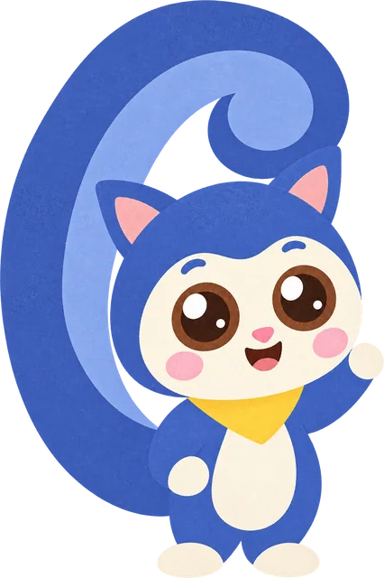 Pip, a friendly blue squirrel with a yellow scarf, waving hello