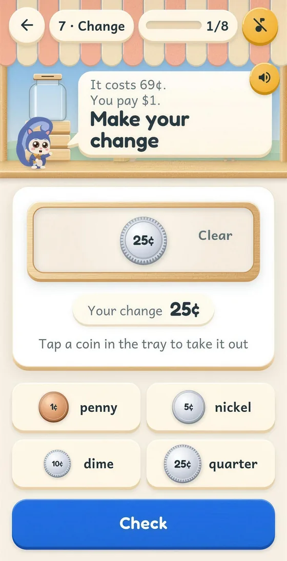 Pip app screen: it costs 69 cents, you pay 1 dollar, make your change