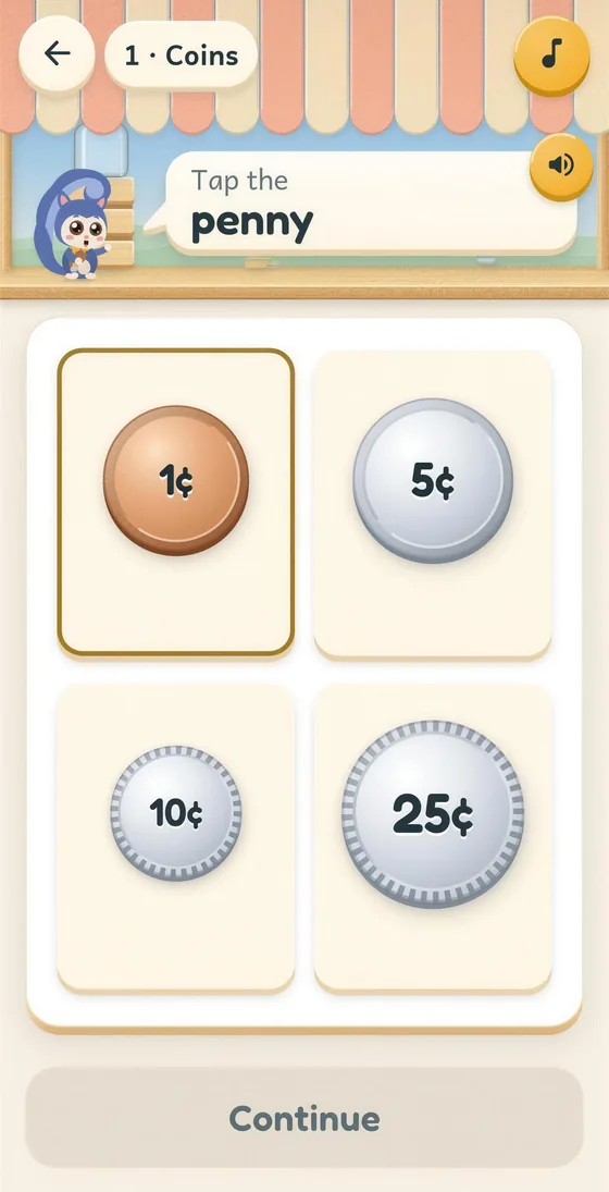 Pip app screen: tap the penny among a penny, nickel, dime and quarter