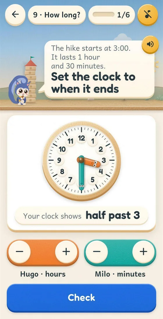 Pip app screen: the hike starts at 3:00 and lasts 1 hour 30 minutes, set the clock to when it ends